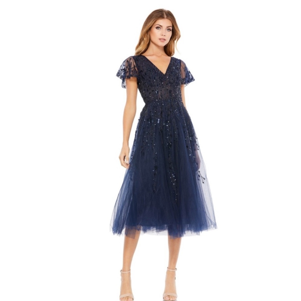 Mac Duggal 20304 NWT EMBELLISHED
FLUTTER SLEEVE TEA-LENGTH DRESS
